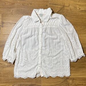 Sundance White Eyelet Embroidered Boho Button Down Blouse Smocked Yoke Small